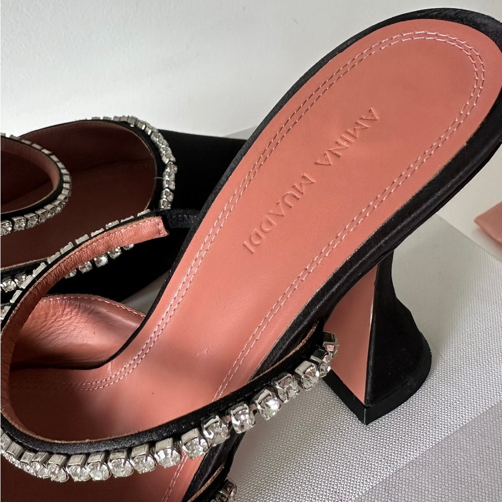 Amina Muaddi Black Satin Gilda Heels Pumps with Crystal Accents - Picture 5 of 13